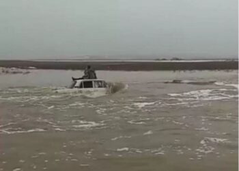 Әкім тасқын суда қалған жүкті әйел мен баланы беліне арқан байлап алып шықты