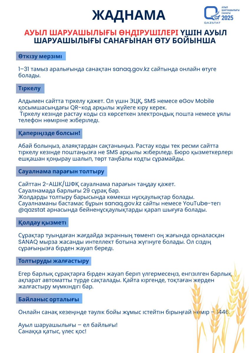 Ауыл шаруашылығы санағы басталады: әр фермердің жауабы маңызды
