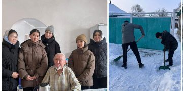 Үржарда мектеп еріктілері 91 жастағы қарияның ауласын қардан тазартып, көңілін көтерді