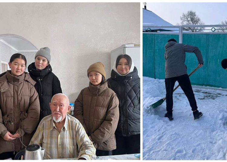 Үржарда мектеп еріктілері 91 жастағы қарияның ауласын қардан тазартып, көңілін көтерді